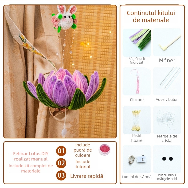 Kit DIY pentru felinar din hârtie, cu lampă lotus luminoasă și tijă răsucită, în stil chinezesc