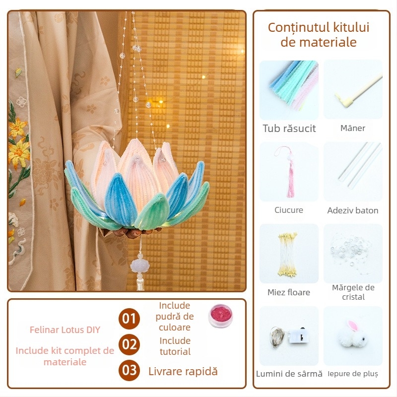Kit DIY pentru felinar din hârtie, cu lampă lotus luminoasă și tijă răsucită, în stil chinezesc