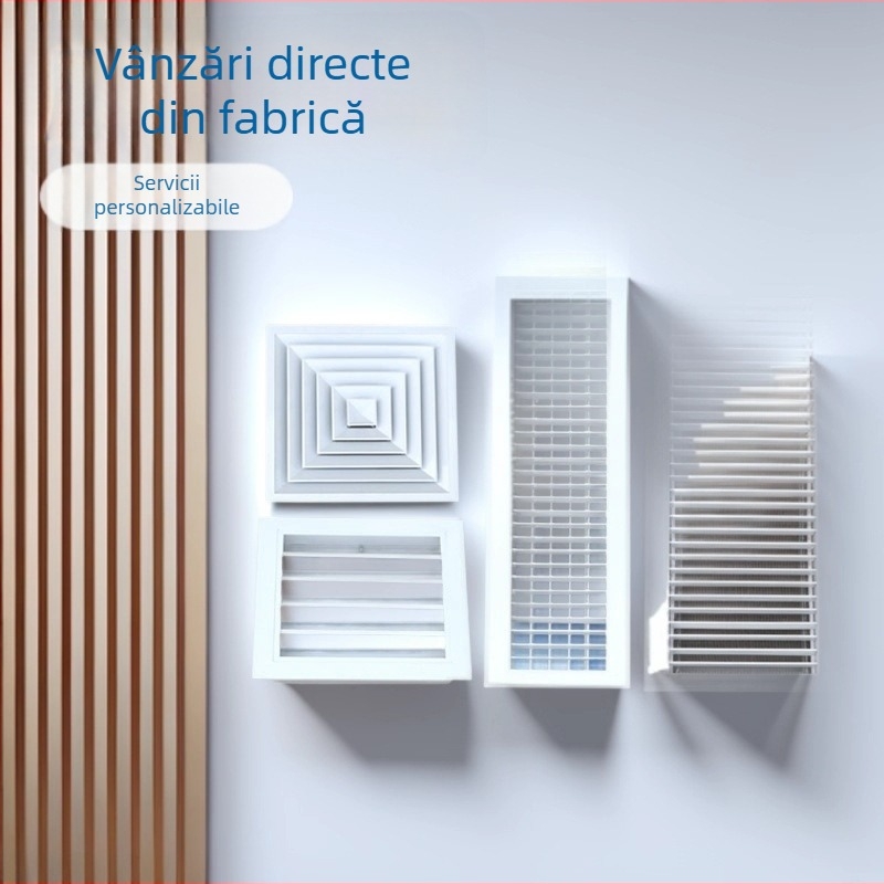 Orificiu de aer din aliaj de aluminiu, tip grilă cu două straturi, lamele; ramă ultra-subțire; dimensiuni variate.