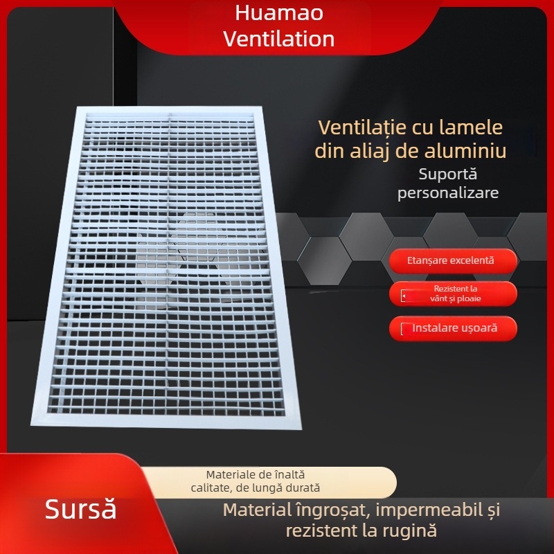 Grilă din aliaj de aluminiu pentru ventilația centrală a aerului, intrare și ieșire, impermeabilă și rezistentă la coroziune, cu lamele