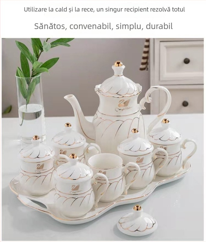 Set ceramic galben glazurat cu aur pentru ceai și apă, portabil, 7 piese, în cutie cadou