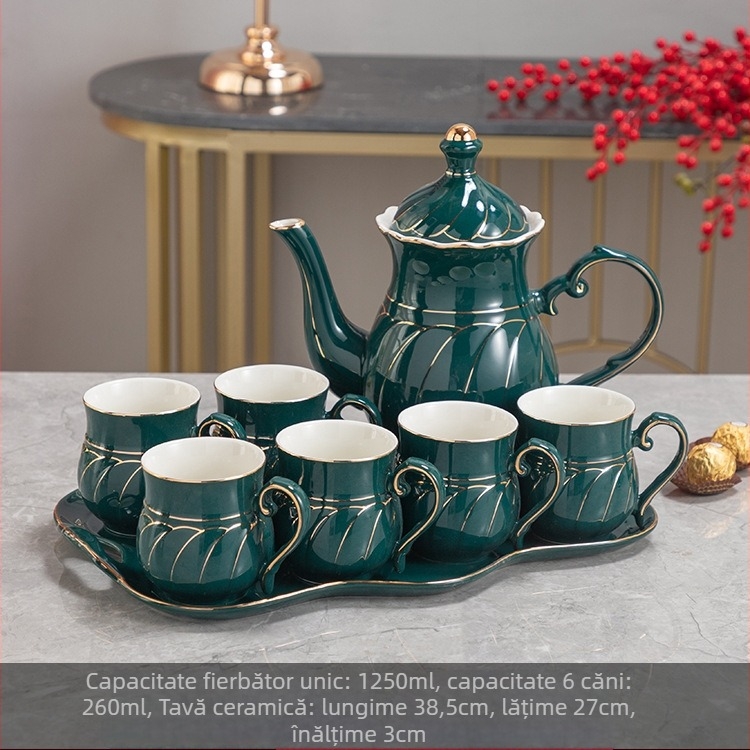 Set ceramic galben glazurat cu aur pentru ceai și apă, portabil, 7 piese, în cutie cadou