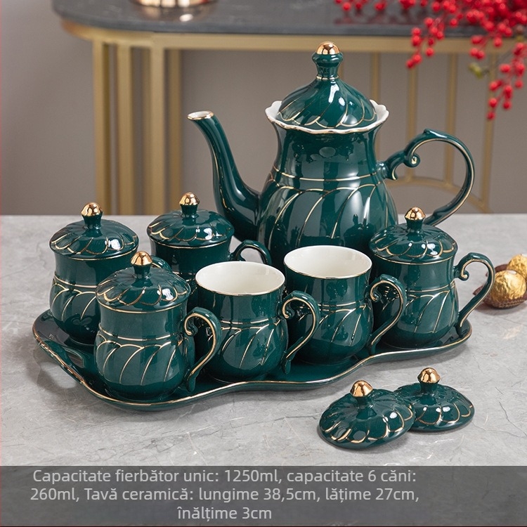 Set ceramic galben glazurat cu aur pentru ceai și apă, portabil, 7 piese, în cutie cadou