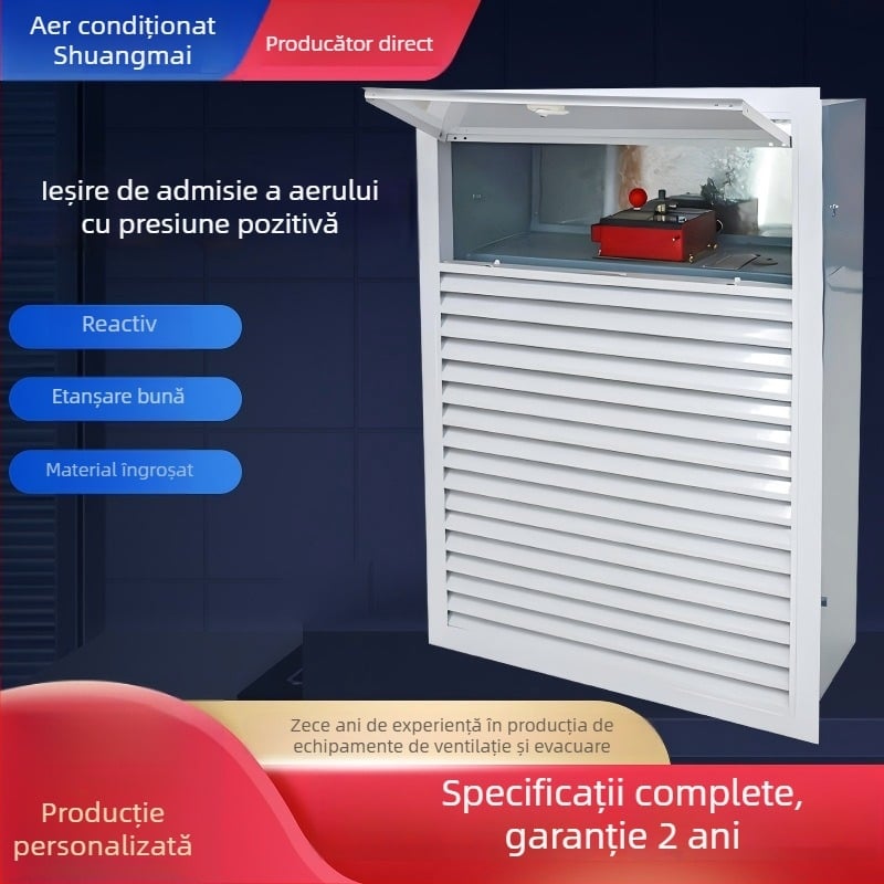 Ventil de alimentare cu aer din tablă zincată, cu presiune pozitivă, certificat 3C, acționat electric, închis în mod normal, rezistent la 280°C, destinat protecției împotriva incendiilor în vestibolul scării