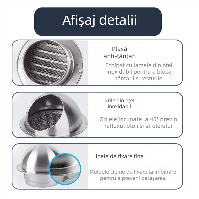 Cap de ventilație exterior din oțel inoxidabil cu protecție la ploaie și plasă anti țânțari