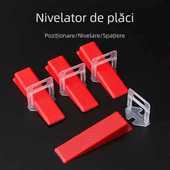 Set de instrumente pentru nivelarea rosturilor plăcilor: nivelator, clipsuri, poziționator, piese de inserție și conuri de sprijin pentru montajul plăcilor pe pereți și podea
