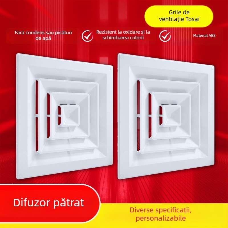 Difuzor pătrat pentru aer condiționat central, ABS și aliaj de aluminiu, ventilație de tavan