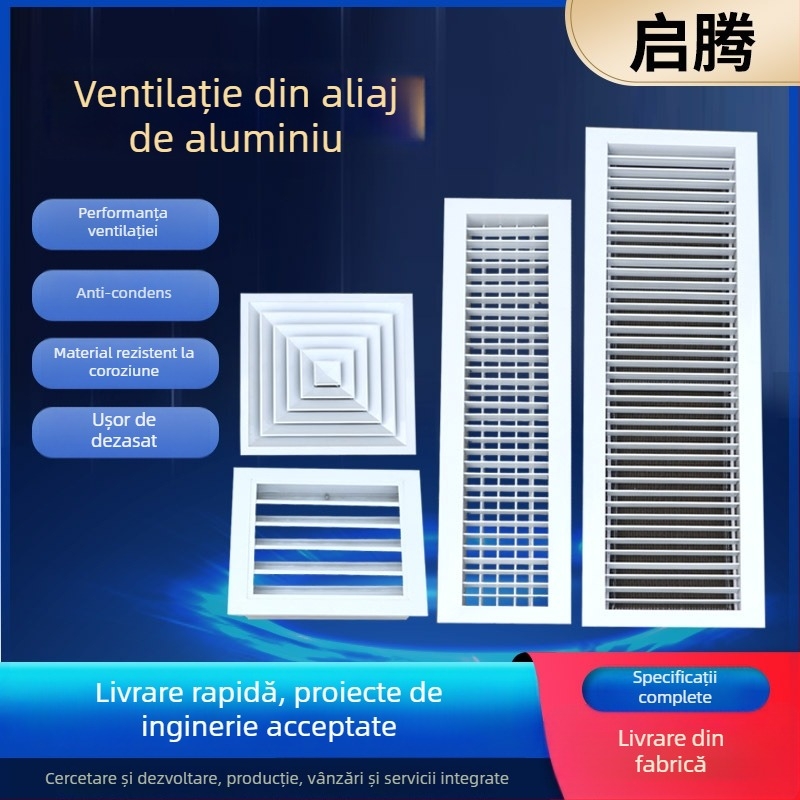 Ventil de aer din aliaj de aluminiu, finisare prin pulverizare, pentru conducte de ventilație, lamele simple și duble, difuzor pătrat