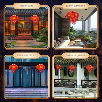 Felinar roșu în stil chinezesc, cu LED ce schimbă culorile și cu un felinar rotativ cu cal, decor pentru balcon și hol