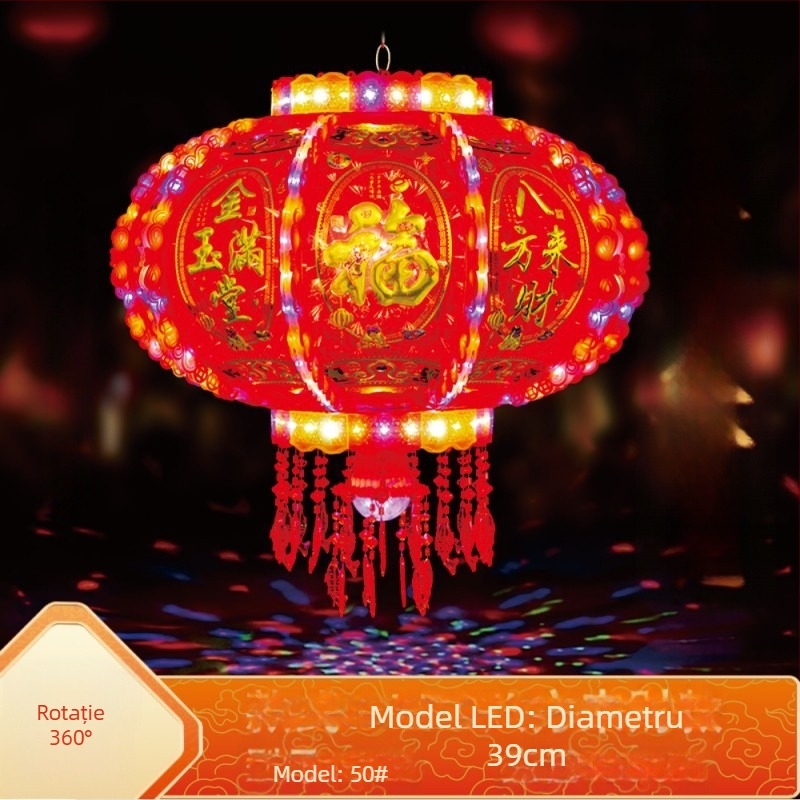 Felinar roșu în stil chinezesc, cu LED ce schimbă culorile și cu un felinar rotativ cu cal, decor pentru balcon și hol