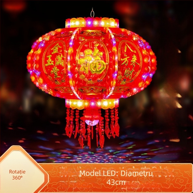 Felinar roșu în stil chinezesc, cu LED ce schimbă culorile și cu un felinar rotativ cu cal, decor pentru balcon și hol