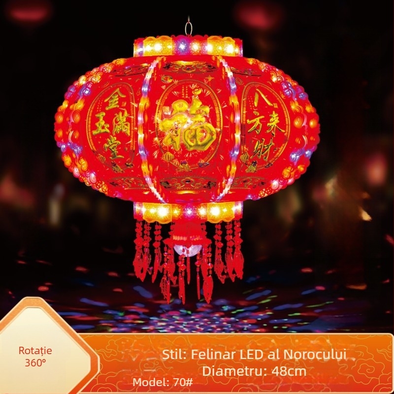 Felinar roșu în stil chinezesc, cu LED ce schimbă culorile și cu un felinar rotativ cu cal, decor pentru balcon și hol
