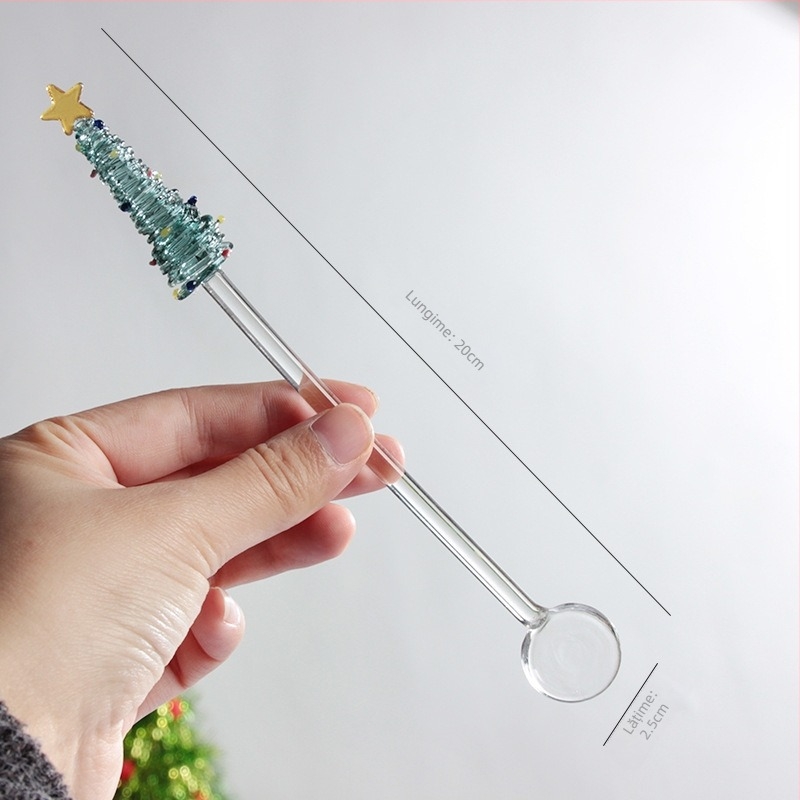 Lingură de amestec din sticlă borosilicat de înaltă calitate, alimentară; pentru pudră de lapte, ceai cu lapte și cafea; design minimalist modern; cu motiv desen animat.