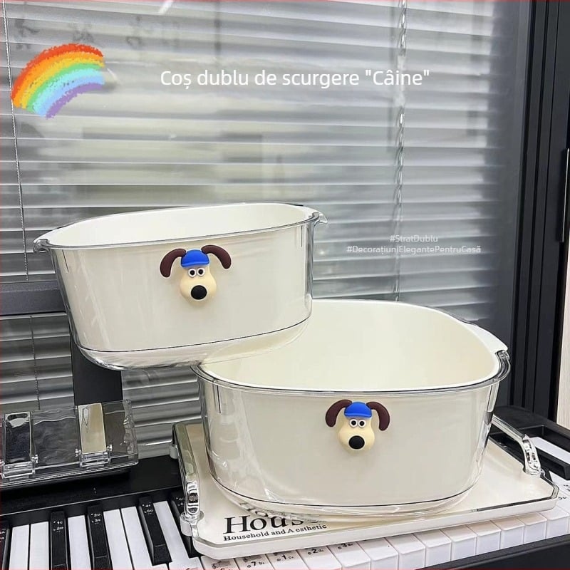Coș dublu de scurgere crem, transparent, pentru spălarea fructelor și legumelor, utilizare casnică, tavă filtrantă îngroșată.