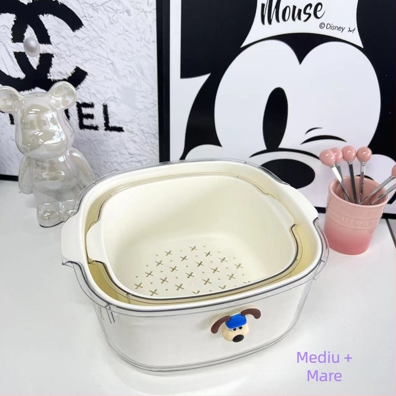 Coș dublu de scurgere crem, transparent, pentru spălarea fructelor și legumelor, utilizare casnică, tavă filtrantă îngroșată.
