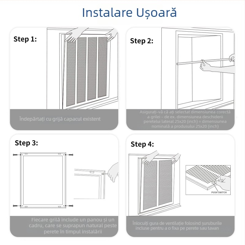 Grilă de retur din oțel galvanizat, cu ușă demontabilă, capac de ventilație și admisie aer HVAC