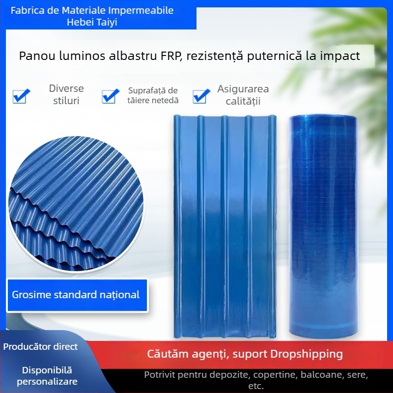 Panou FRP albastru, trapezoidal, pentru iluminat în sere și parcări, anticoroziv, textură în valuri