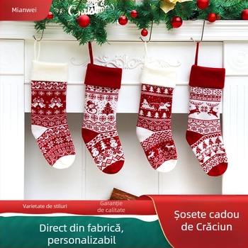 Șosetă de Crăciun tricotată cu model jacquard din lână, sac de cadouri