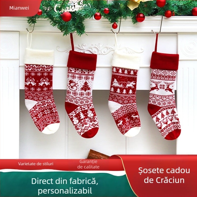 Șosetă de Crăciun tricotată cu model jacquard din lână, sac de cadouri