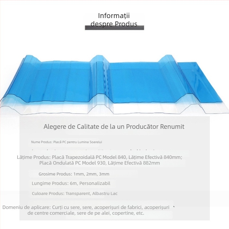 Țiglă din policarbonat transparentă, tip 840, pentru curți, balcoane, copertine și sere
