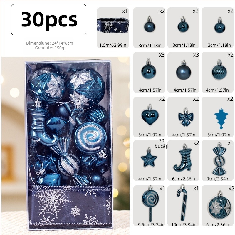 Set de 30 globuri de Crăciun din material textil, cu panglică pentru decorarea bradului, design desenat manual