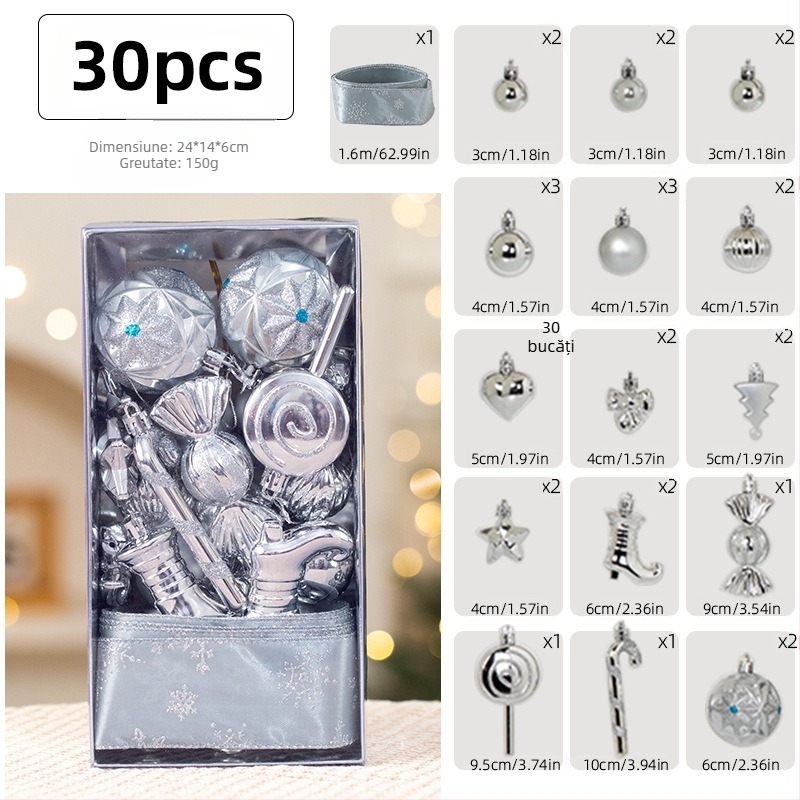 Set de 30 globuri de Crăciun din material textil, cu panglică pentru decorarea bradului, design desenat manual
