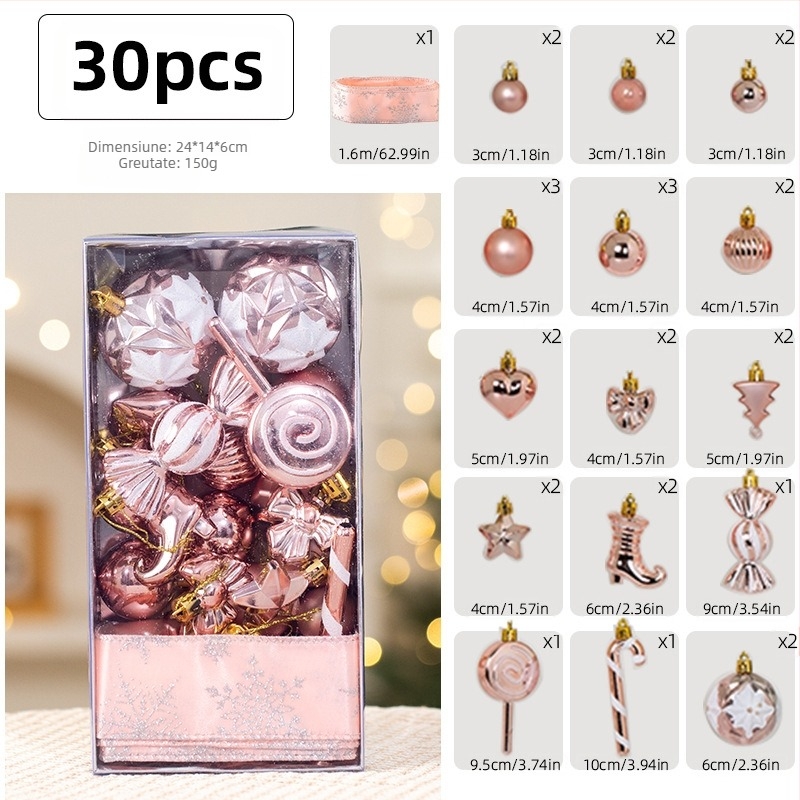 Set de 30 globuri de Crăciun din material textil, cu panglică pentru decorarea bradului, design desenat manual