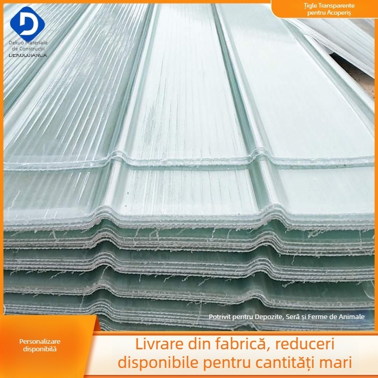 Panou FRP transparent pentru iluminat, placă luminoasă personalizabilă pentru adăpost, seră, cameră de soare și construcții temporare; lățimi 1 m, 1,2 m sau 1,5 m; grosime 0,8–3,0 mm; culori 840 și 900.
