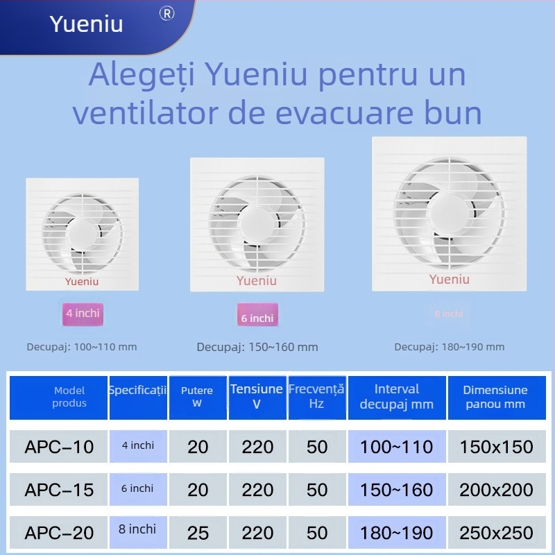 Ventilator de evacuare montat pe perete pentru baie și bucătărie, puternic, uz casnic
