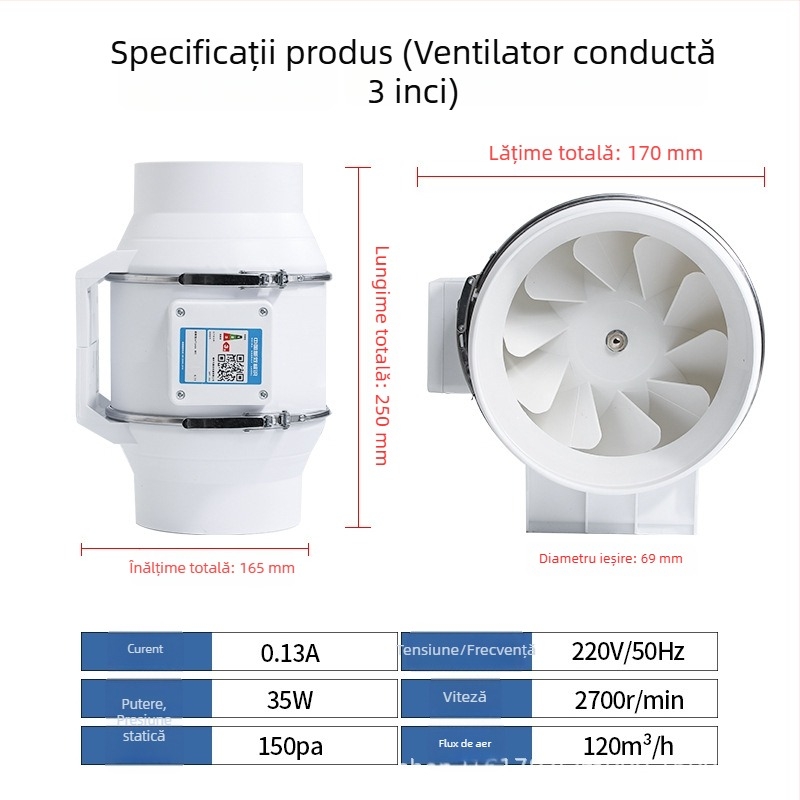 Ventilator tubular de ventilație pentru bucătărie și baie, 6–8 inch, puternic