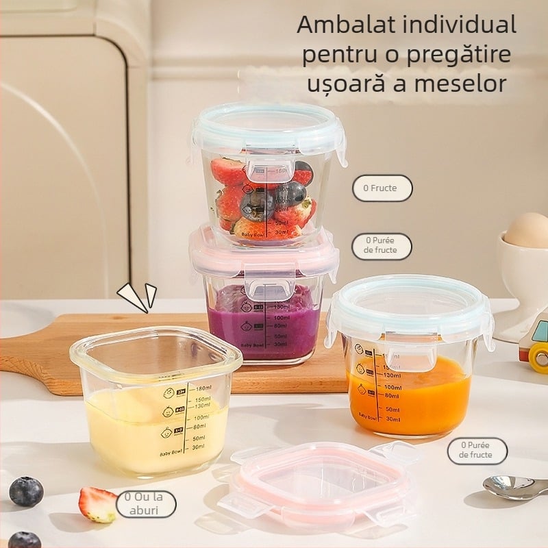Set de hrănire pentru bebeluși din sticlă borosilicat pentru gătire la abur și în microunde, depozitare în frigider și bol alimentar sigilat, portabil
