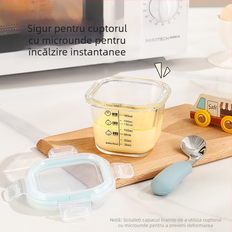 Set de hrănire pentru bebeluși din sticlă borosilicat pentru gătire la abur și în microunde, depozitare în frigider și bol alimentar sigilat, portabil
