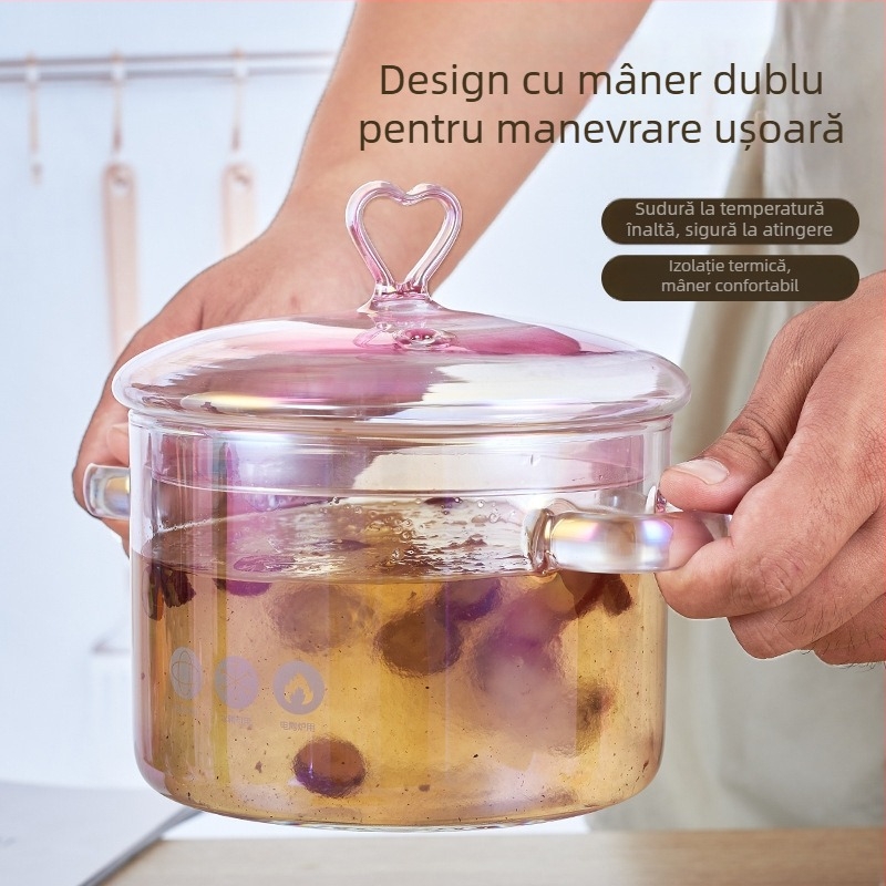 Oală mare din sticlă transparentă pentru tăiței și supă, cu două mânere, potrivită pentru hrana bebelușilor și gătit sănătos, compatibilă cu flacăra deschisă