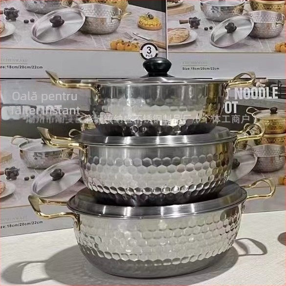 Oală din oțel inoxidabil pentru ramen, textură ciocănită aurie, oală mică de bucătărie, multifuncțională, cu capac și două mânere