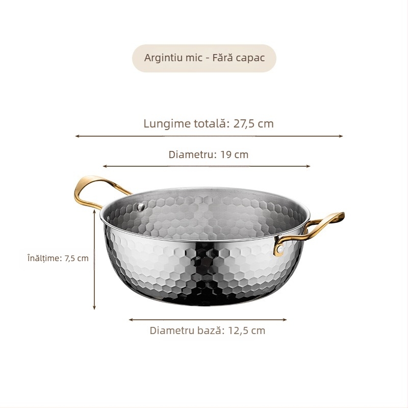 Oală din oțel inoxidabil pentru ramen, textură ciocănită aurie, oală mică de bucătărie, multifuncțională, cu capac și două mânere