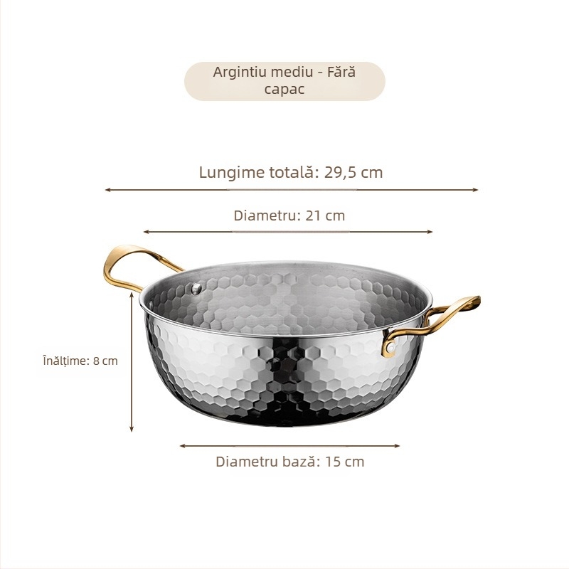 Oală din oțel inoxidabil pentru ramen, textură ciocănită aurie, oală mică de bucătărie, multifuncțională, cu capac și două mânere