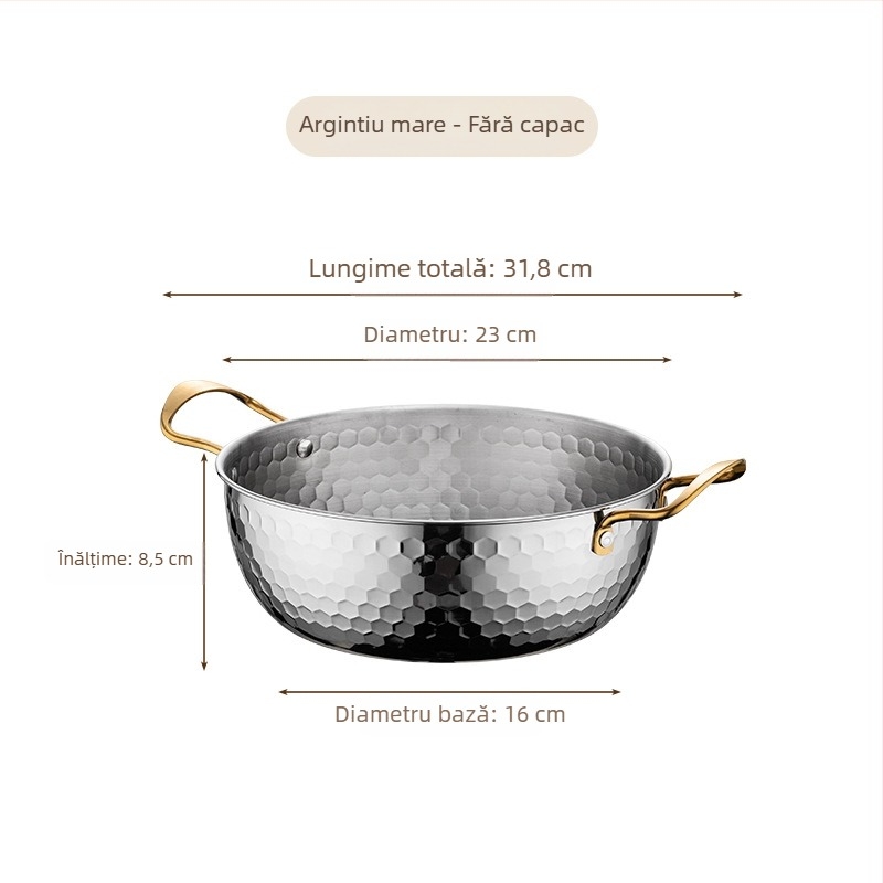 Oală din oțel inoxidabil pentru ramen, textură ciocănită aurie, oală mică de bucătărie, multifuncțională, cu capac și două mânere
