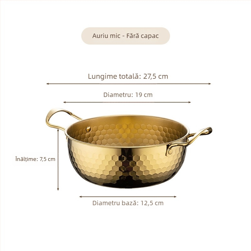 Oală din oțel inoxidabil pentru ramen, textură ciocănită aurie, oală mică de bucătărie, multifuncțională, cu capac și două mânere