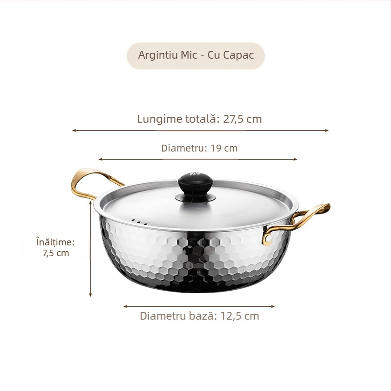 Oală din oțel inoxidabil pentru ramen, textură ciocănită aurie, oală mică de bucătărie, multifuncțională, cu capac și două mânere