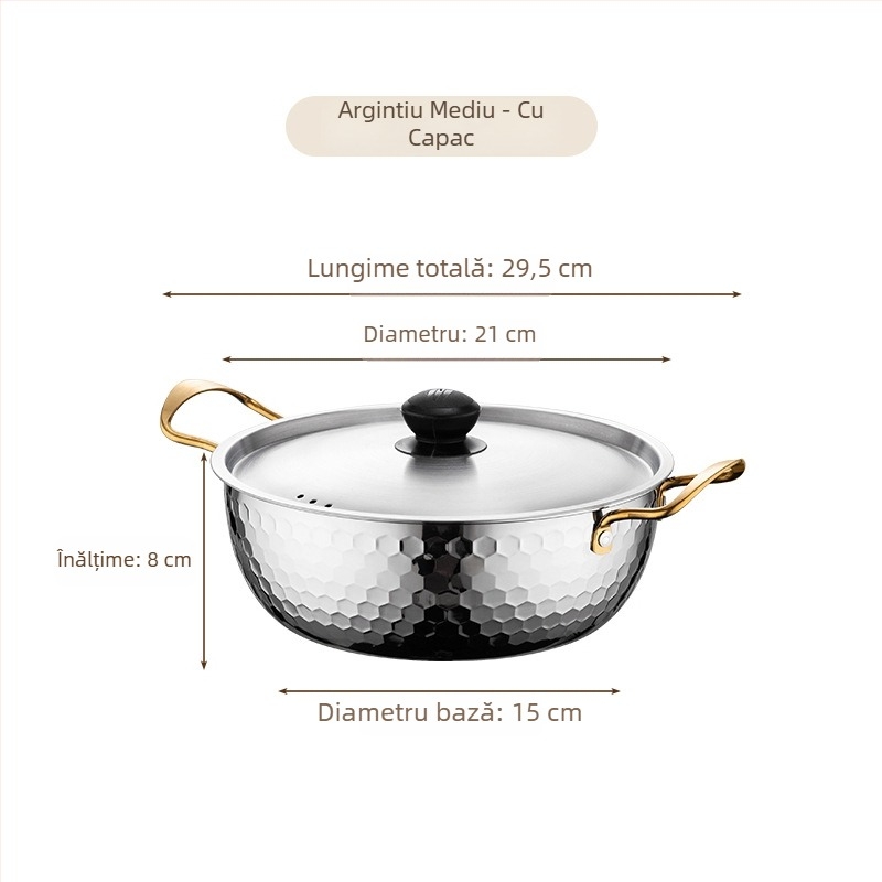 Oală din oțel inoxidabil pentru ramen, textură ciocănită aurie, oală mică de bucătărie, multifuncțională, cu capac și două mânere
