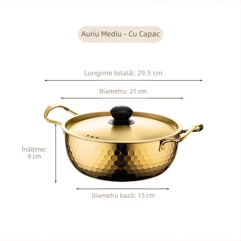 Oală din oțel inoxidabil pentru ramen, textură ciocănită aurie, oală mică de bucătărie, multifuncțională, cu capac și două mânere