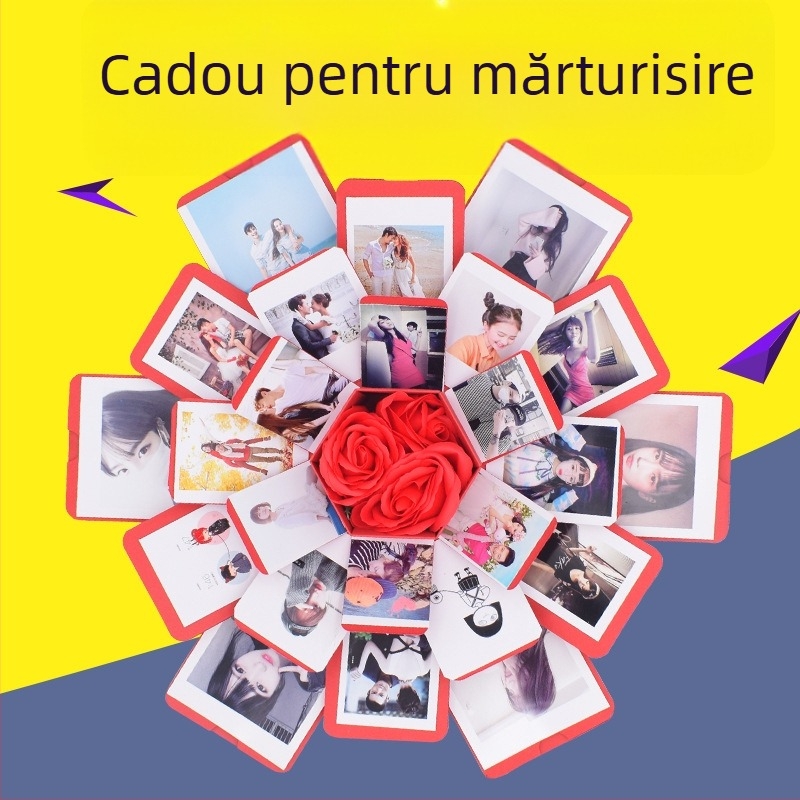 Cutie explozie DIY cu cinci niveluri, album foto realizat manual – cadou pentru ziua cuplurilor
