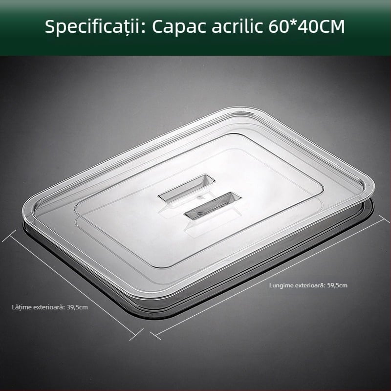Farfurie pătrată din oțel inoxidabil cu capac transparent pentru pește, dumplings și alte feluri de mâncare