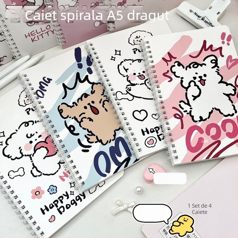 Caiet A5 cu spirală pentru elevi, hârtie groasă și durabilă, jurnal tematic cu cățeluș drăguț, stil japonez-coreean
