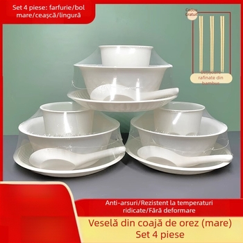 Set de veselă din coji de orez — patru piese, boluri și bețișoare, calitate alimentară, pentru hot pot, grătar și camping
