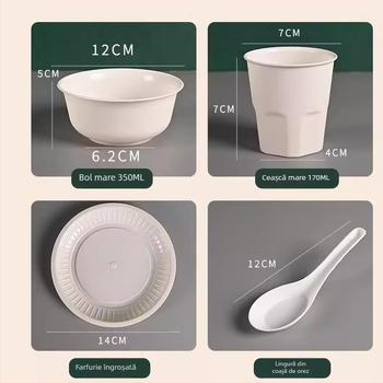 Set de veselă din coji de orez — patru piese, boluri și bețișoare, calitate alimentară, pentru hot pot, grătar și camping