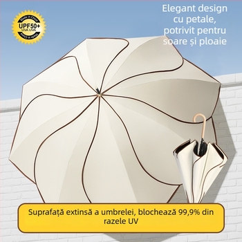 Umbrelă cu mâner din lemn curbat și design în formă de petale, cupă vinil, protecție UV UPF50+, pentru ploaie și soare, cadou promoțional