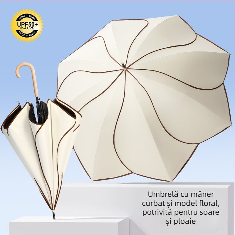 Umbrelă cu mâner din lemn curbat și design în formă de petale, cupă vinil, protecție UV UPF50+, pentru ploaie și soare, cadou promoțional