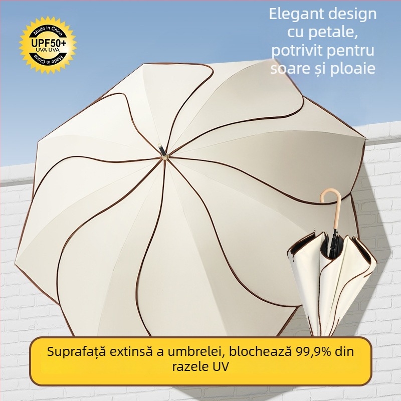Umbrelă cu mâner din lemn curbat și design în formă de petale, cupă vinil, protecție UV UPF50+, pentru ploaie și soare, cadou promoțional