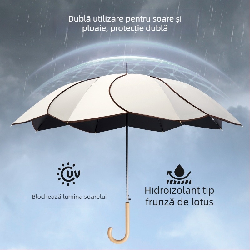 Umbrelă cu mâner din lemn curbat și design în formă de petale, cupă vinil, protecție UV UPF50+, pentru ploaie și soare, cadou promoțional